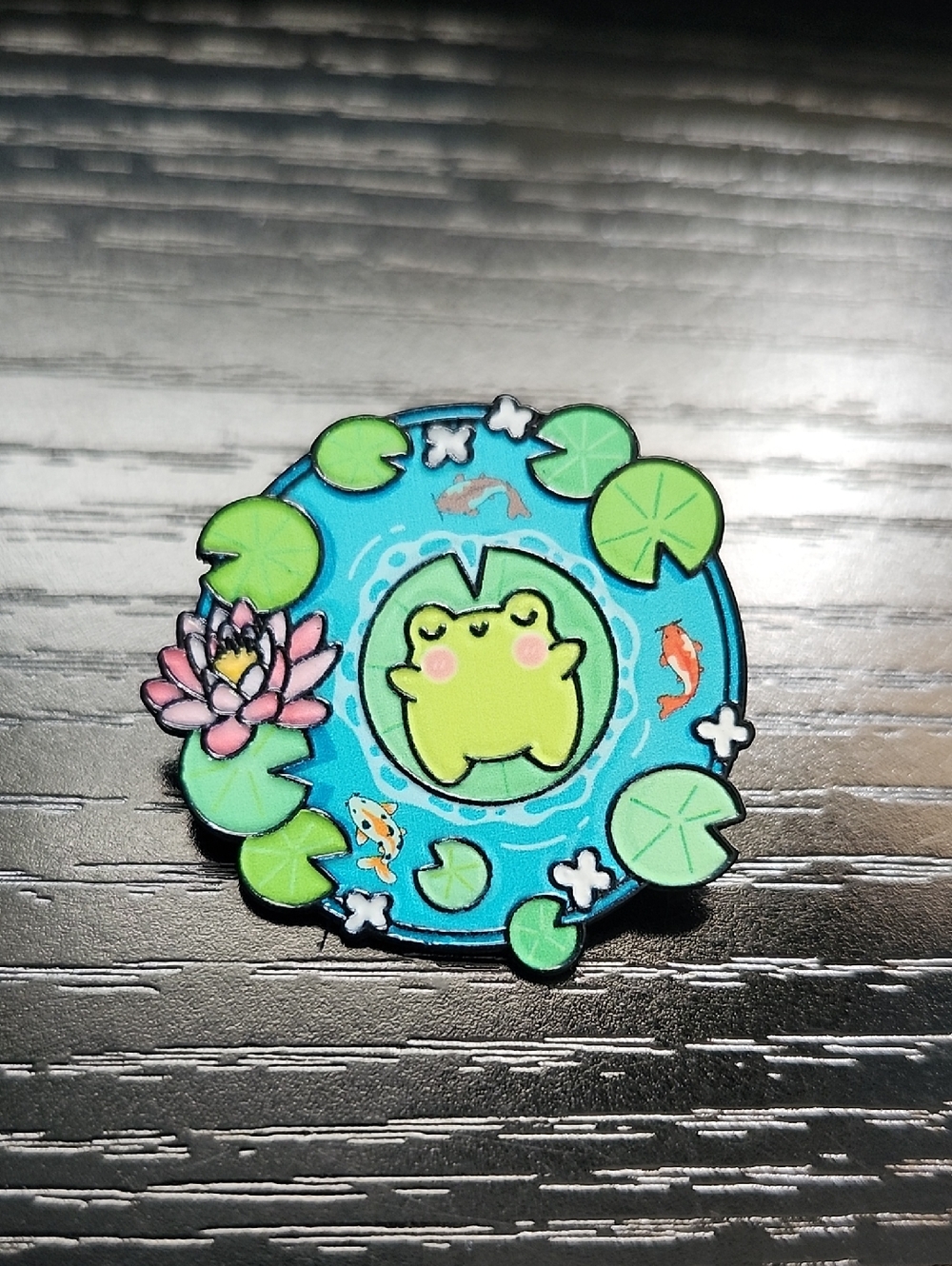 Cute Frog Pond Enamel Pin - Blue & Green Kawaii Design